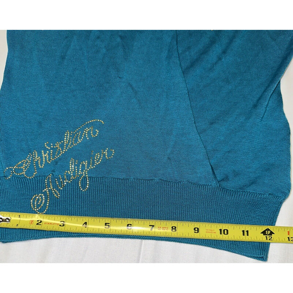 Christian Audigier Silk Blend Turquoise Sweater Gold Accent Sz Sm Rare Art Wow - Picture 10 of 15